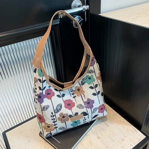 Women Vintage Floral Jacquard Tote Bag Large Capacity PU Leather Trim Shoulder Bag Casual Daily Commuting Handbag