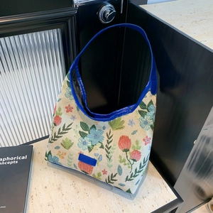 Large floral jacquard tote bag with blue trim and elegant embroidery for women