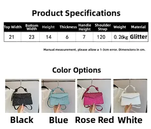 Detailed size chart and multi-color view of sequined handbag with envelope flap design