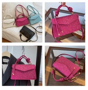 Detailed views of sequined crossbody bags in fuchsia, white, blue, and black colors