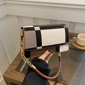 Women Plaid Underarm Bag PU Leather Geometric Color Block Chain Shoulder Bag Casual Commute Handbag Flip Cover Tote