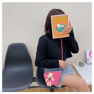 Mini pink and white woven crossbody bag with cute 3D bear detail and rope strap