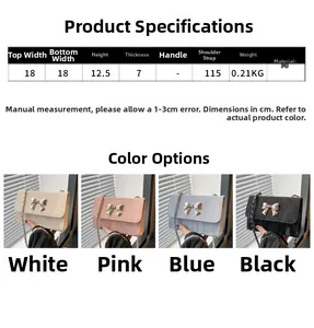 Size chart showing 18x12.5x7cm dimensions for small PU chain bag with bow decor