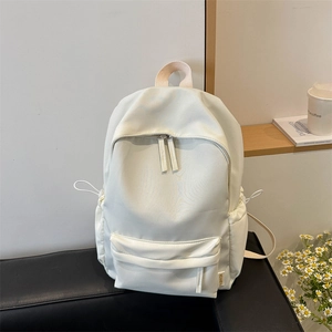 Minimalist cream white nylon backpack with large capacity and drawstring side pockets
