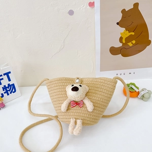 Cute Mini Woven Bear Crossbody Bag For Kids Girls Cotton Linen Small Bucket Handbag With Artificial Pearl Buckle Shoulder Bag Accessory
