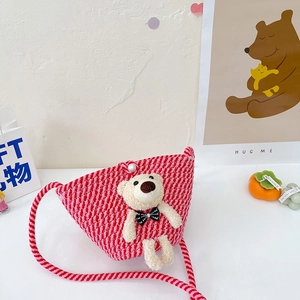 Mini red and white plaid woven crossbody bag with cute plush bear and pearl button