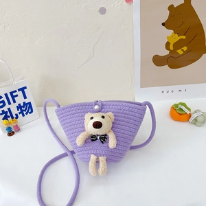 Cute purple woven crossbody bag with teddy bear and pearl buckle for girls