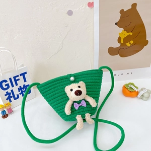 Mini green woven crossbody bag with cute plush bear and pearl clasp for girls