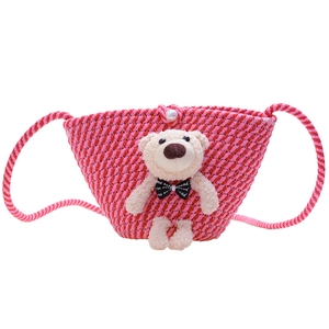 Handwoven mini crossbody bag with cute plush bear and pearl clasp in pink and red