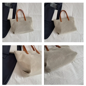 Detailed views of a large canvas tote bag with brown straps and metal hardware