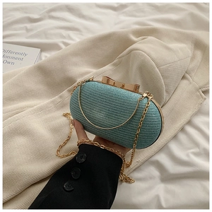 Detail of glitter clutch bag with golden bow clasp and woven texture on hard shell