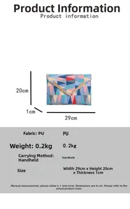 Detail specifications of PU envelope clutch with geometric triangles and V-metal trim