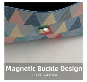 Macro detail of magnetic snap closure on geometric pattern luxury envelope bag