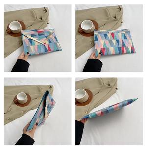 Detail view showing four angles of a geometric color-block envelope clutch with gold V-trim