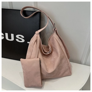 Pink matte suede tote bag set with matching small pouch for daily work use