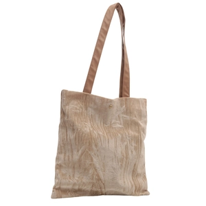 Beige velvet tote bag with elegant leaf patterns and brown leather straps in front view