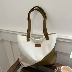Women Casual Canvas Color Block Tote Bag Geometric Stitching Large Capacity Shoulder Bag With Fashion Patch Label