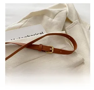 Detail of brown leather bag strap with an adjustable golden pin buckle design