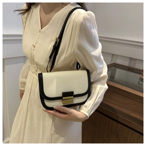 Close-up of elegant cream canvas saddle bag with black leather trim and gold buckle