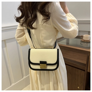 Detail of a minimalist two-tone saddle bag showing canvas texture and golden metal lock