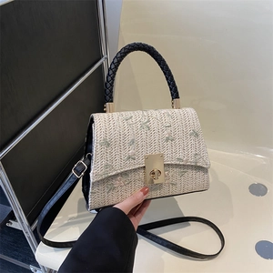 Petit Sac Carré en Paille Tissée pour Femmes Broderie Florale Rétro Sac Bandoulière Verrou Métallique Mode Sac à Main