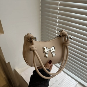 Fashion Women PU Leather Bowknot Shoulder Bag Crescent Hobo Underarm Bag With Knotted Strap Zipper Closure Street Style Handbag