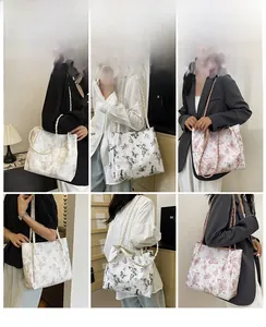 Detail shots of large tote bag featuring butterfly prints and woven shoulder straps
