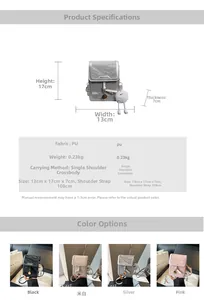 Size chart for mini PU crossbody bag showing dimensions and colors like black or pink