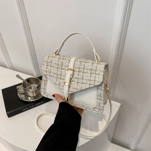 Elegant white tweed square handbag with gold hardware and chain strap for women