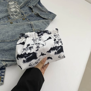 New Chinese Style Ink Landscape Printed Clutch Bag Nylon Pleated Cloud Handbag For Women Daily Storage Cosmetic Bag