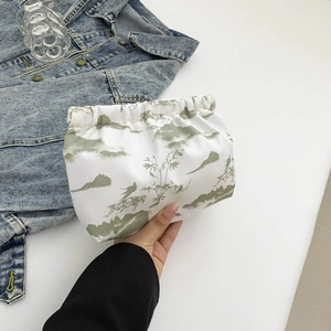 New Chinese style ink landscape clutch bag with green bamboo prints and pleated design