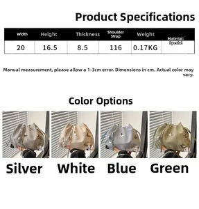 Detailed size chart and four-color comparison of cloud bucket bags with bow chain