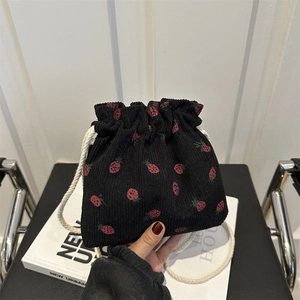 Black corduroy drawstring bucket bag with cute strawberry print and white hemp rope closure