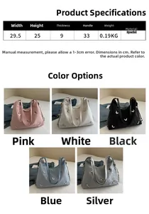 Detailed size specifications for the large butterfly tote bag showing multiple color options
