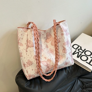 White butterfly print tote bag with large capacity and pink woven handle for daily commute