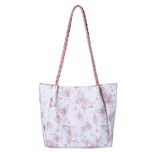 Large capacity shoulder tote bag with pink butterfly print and woven handle design