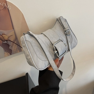 Minimalist light gray marble pattern shoulder bag with a large silver square metal buckle