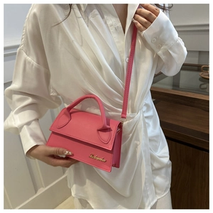 Detail of pink matte leather crossbody bag with roll handle and gold logo hardware