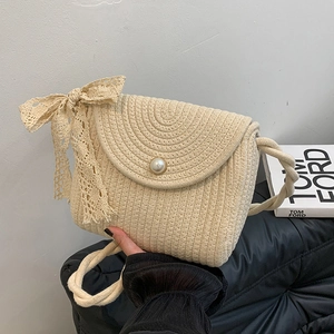 Chic beige woven lace crossbody bag with pearl buckle and elegant rope shoulder strap