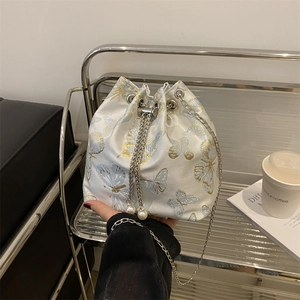 Women Elegant Butterfly Bamboo Leaf Print Drawstring Bucket Bag Metal Chain Shoulder Crossbody Bag Satin Texture Artificial Pearl Handbag