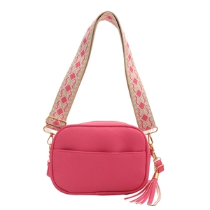 Litchi pattern rose red small square crossbody bag with wide geometric jacquard strap