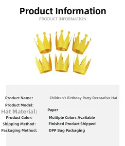 Detail view of 6 gold glitter paper crown hats for children's birthday party specifications