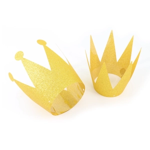 Glittering gold crown party hats for kids birthdays, set of two styles on white background