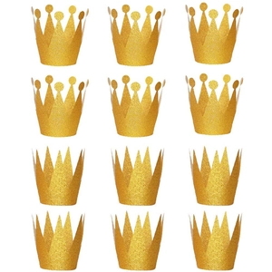 Set of 12 gold glitter crowns for kids birthday parties and cake decorations