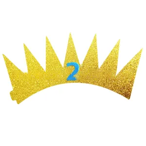 Close-up of golden glitter birthday crown with blue number two for toddler party