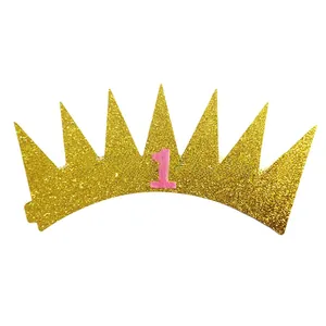 Detailed view of golden glitter birthday crown featuring a pink number one for toddler party