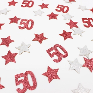 Confeti estrella 50 cumpleaños oro rosa con purpurina roja y plateada brillante