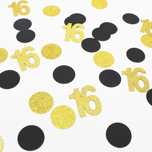Zwart en goud glitter confetti voor 16e verjaardag met cirkels en getal 16 voor feesten