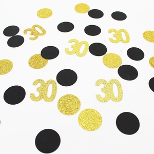 Zwart en goud glitter confetti voor 30e verjaardag met getallen en cirkels
