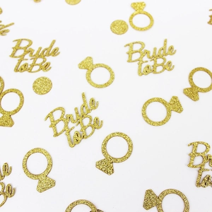 Golden glitter Bride to Be confetti set with ring and circle shapes for wedding decor